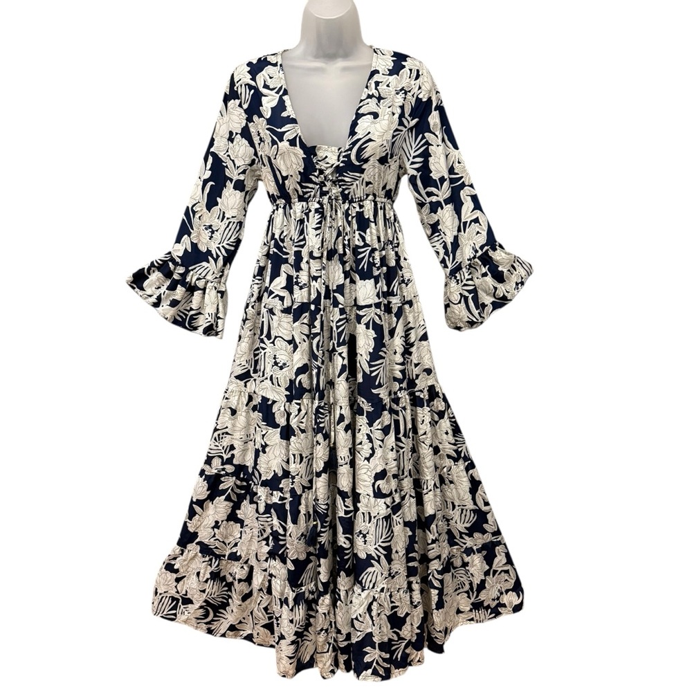 Pyramid Collection Romantic Prairie Lace Up Corset Style Tiered Maxi Dress S 💜